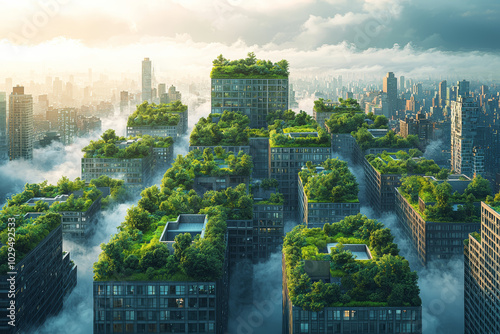 A cityscape with buildings that have green roofs and walls, representing eco-friendly urban planning. Concept of sustainable cities. #1029492533