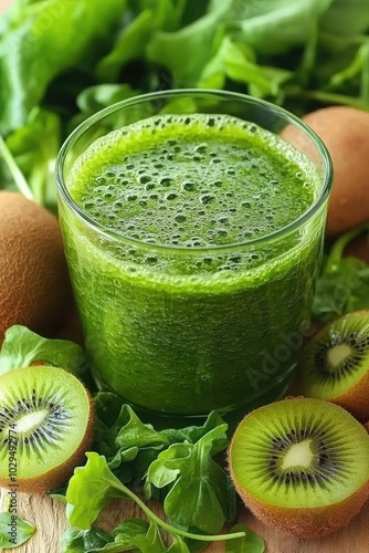 Vaso con un batido de peso verde, decorado con un popote, frente a un fondo de frutas frescas como kiwi, espinaca y manzana. Ideal para representar opciones saludables y energía natural.

 photo