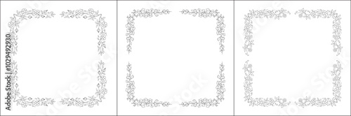 Set of three vector decorative frames, vegetal ornamental frame with flowers, decorative border, corners for greeting cards, banners, business cards, invitations. Isolated vector illustration.	
