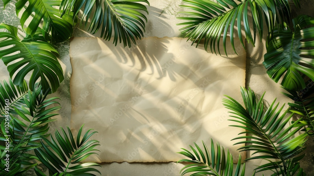 A textured paper sheet with shadows and a green leaf arranged on a soft fabric background A textured paper sheet with shadows and a green leaf arranged on a soft fabric background