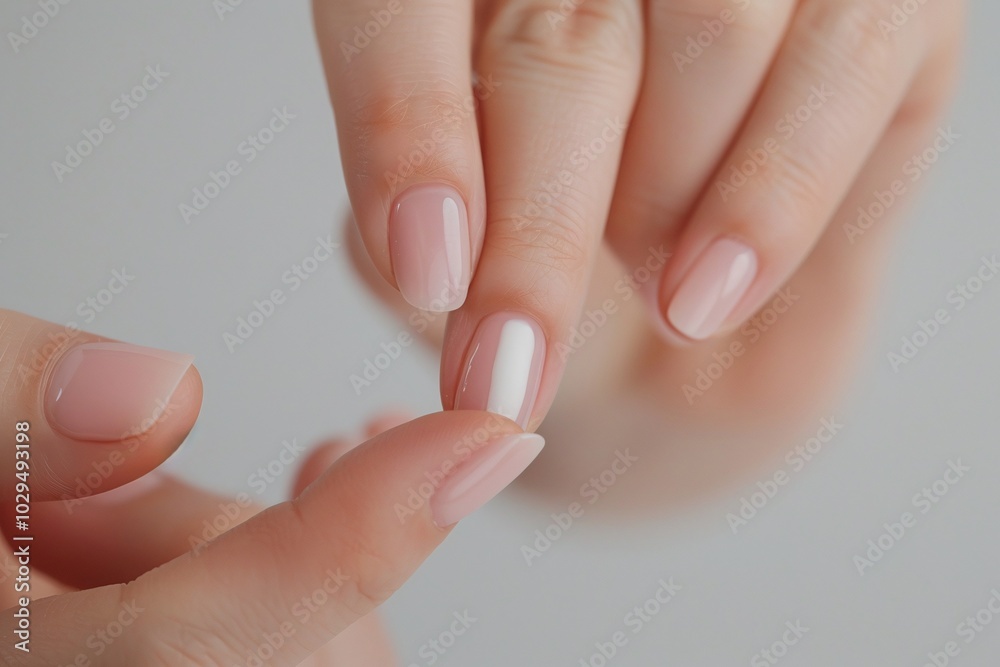 Close-up of hands applying white nail polish on natural nails, set against a soft background, creating a clean and minimalistic aesthetic with ample copy space for beauty-related designs. Close-up of hands applying white nail polish on natural nails, set against a soft background, creating a clean and minimalistic aesthetic with ample copy space for beauty-related designs.
