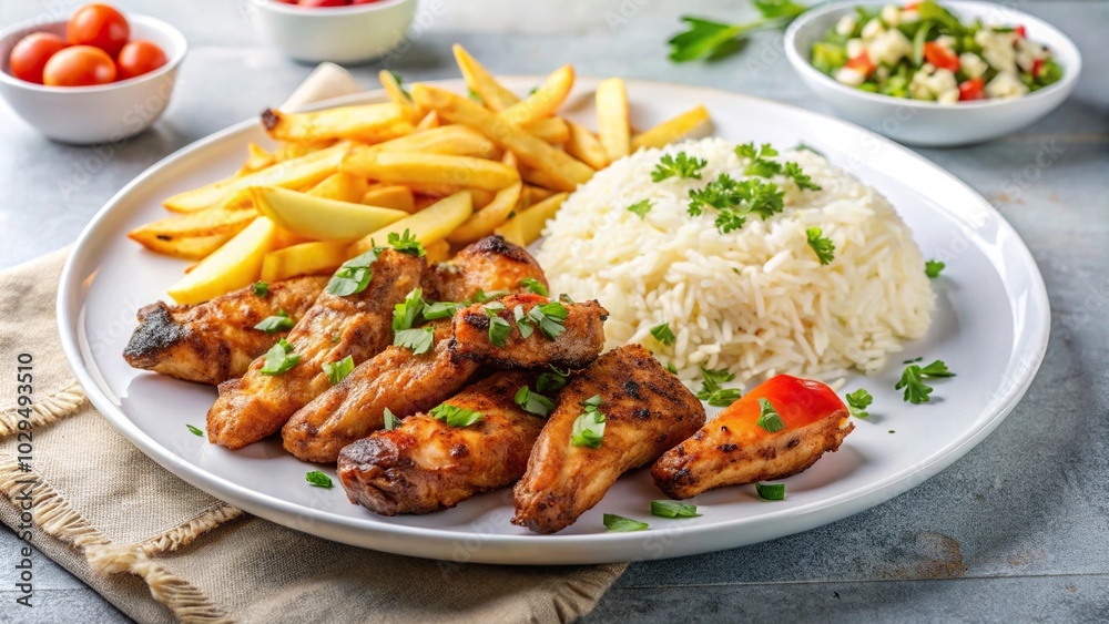 Reflected Grilled chicken wings with rice salad and french fries in a white plate Reflected Grilled chicken wings with rice salad and french fries in a white plate