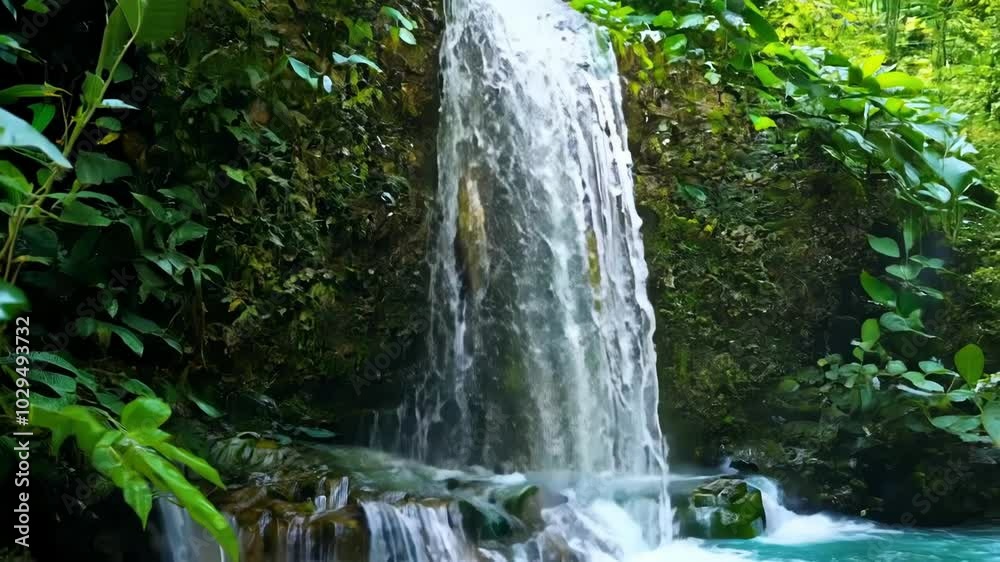 Water cascading down a small cliff in a lush green tropical jungle. Creating a serene and tranquil scene capturing the beauty of nature in this wild paradise Water cascading down a small cliff in a lush green tropical jungle. Creating a serene and tranquil scene capturing the beauty of nature in this wild paradise