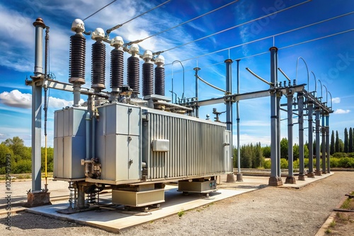 Power transformer powering electrical switchyard Medium Shot
