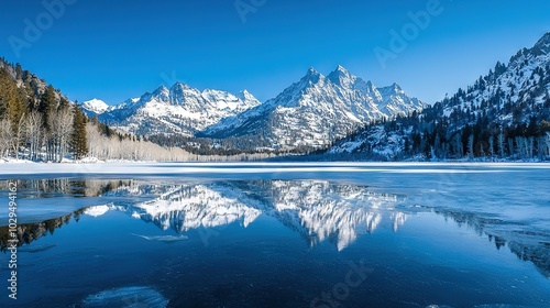  A lake mirrors a mountain range's snow-capped peaks in its calm waters