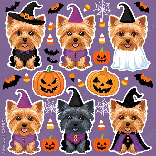 Cute Halloween Yorkie Sticker Set: Adorable Yorkies in Witch, Ghost, and Pumpkin Costumes