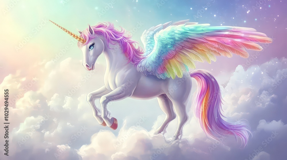 Pegasus unicorn with pastel rainbow wings and a sparkling horn standing on a cloud Pegasus unicorn with pastel rainbow wings and a sparkling horn standing on a cloud