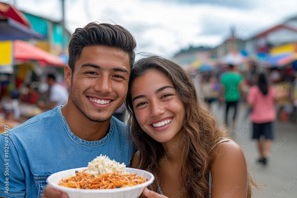 Smiling Couple Enjoying Noodles in a Vibrant Market Smiling Couple Enjoying Noodles in a Vibrant Market