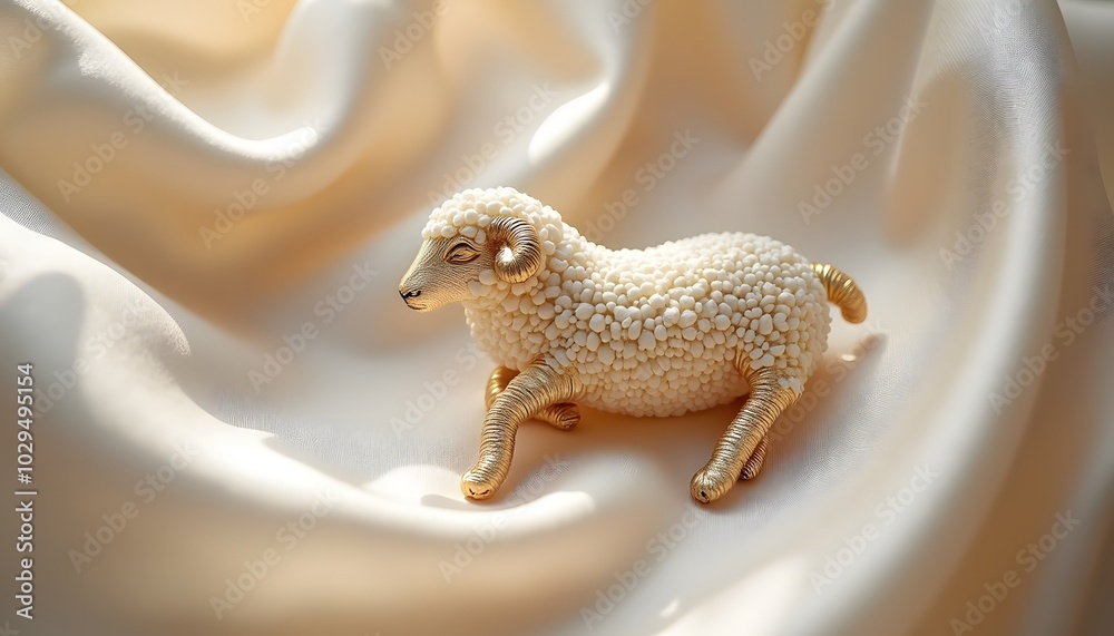 Obraz premium Cute lamb figurine in soft focus with beige background
