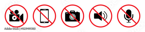 No Video, camera, photo, mobile phone, or sound recording forbidden sign icons isolated set. No record, no video, mute, camera, red crossed isolated out circle. Ban sign symbol vector illustration.