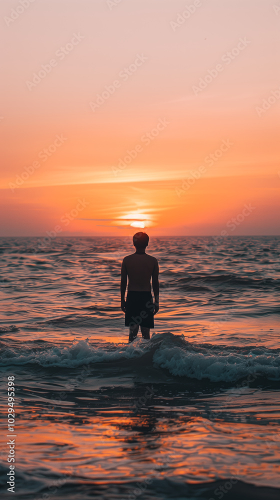 Serene Silhouette of Man in Ocean Water at Sunset, Peaceful Beach Evening Serene Silhouette of Man in Ocean Water at Sunset, Peaceful Beach Evening