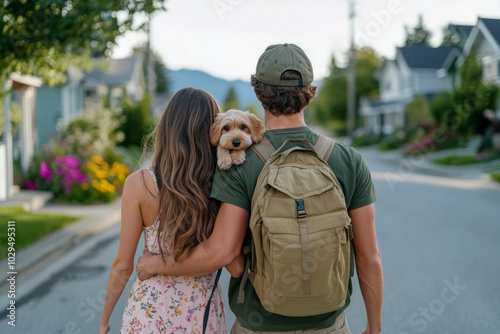 Couple Walking with Dog in Suburban Neighborhood