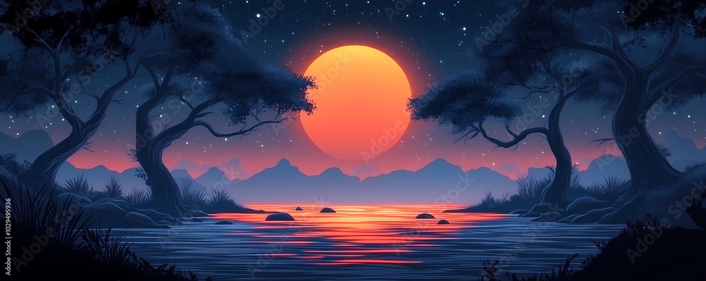 Mysterious enchanting landscape, river illuminated by moonlight on full moon. Mysterious trees grow along riverbank, mystical atmosphere. Background banner for Halloween or enigmatic themes Mysterious enchanting landscape, river illuminated by moonlight on full moon. Mysterious trees grow along riverbank, mystical atmosphere. Background banner for Halloween or enigmatic themes
