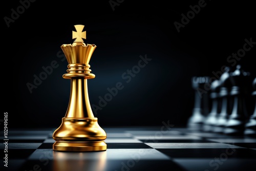 A close-up of a golden chess king piece on a chessboard with dark shadows enhancing its shiny surface.