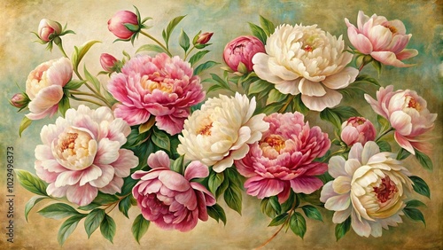 Fototapeta Naklejka Na Ścianę i Meble -  Vintage art peony painting on a flower patterned background