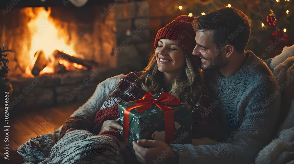 A couple sitting by the fireplace wrapping gifts on Christmas Eve with festive paper and ribbons surrounded by cozy blankets. A couple sitting by the fireplace wrapping gifts on Christmas Eve with festive paper and ribbons surrounded by cozy blankets.