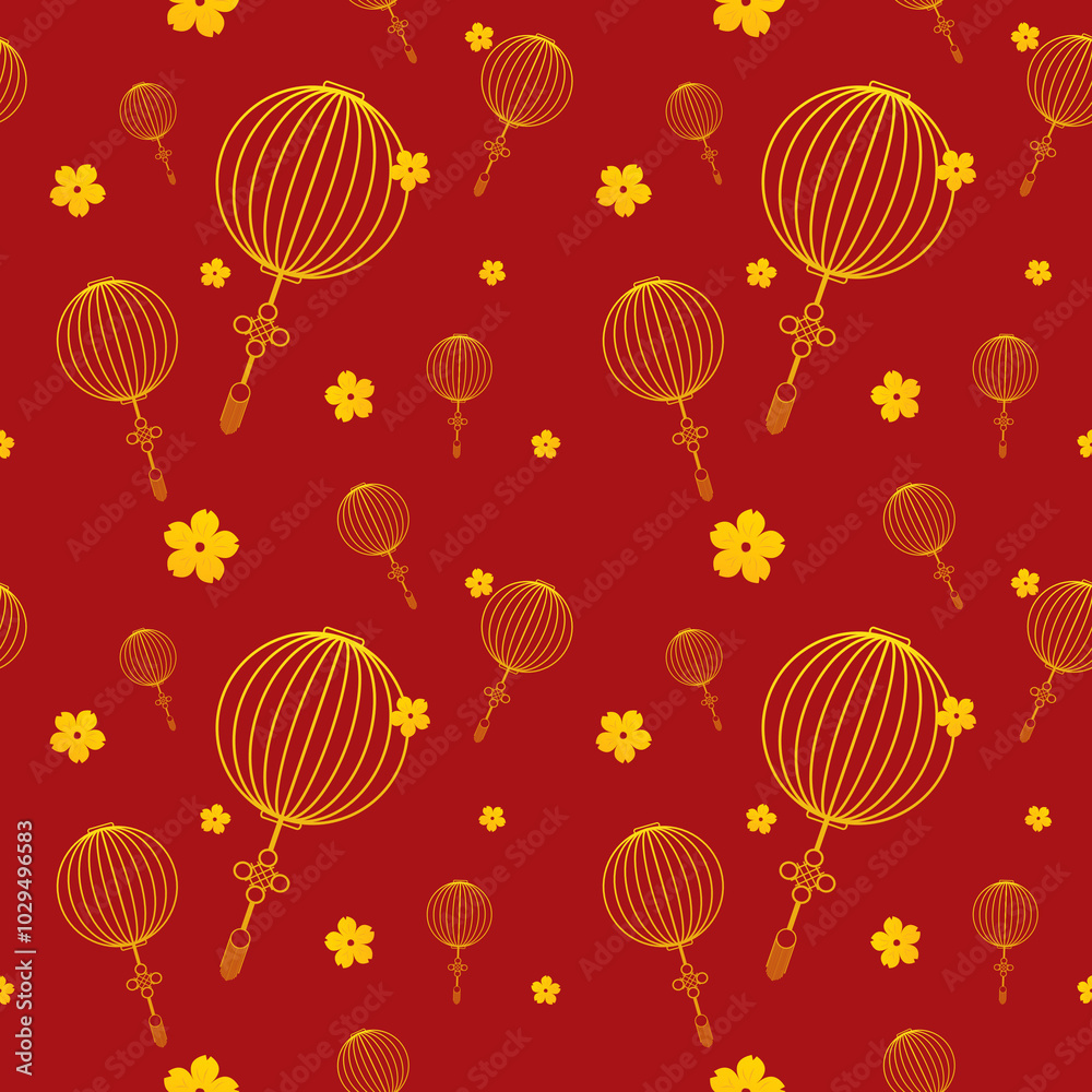 Red background with seamless pattern of golden lanterns and flowers. East Asian design. Red background with seamless pattern of golden lanterns and flowers. East Asian design.