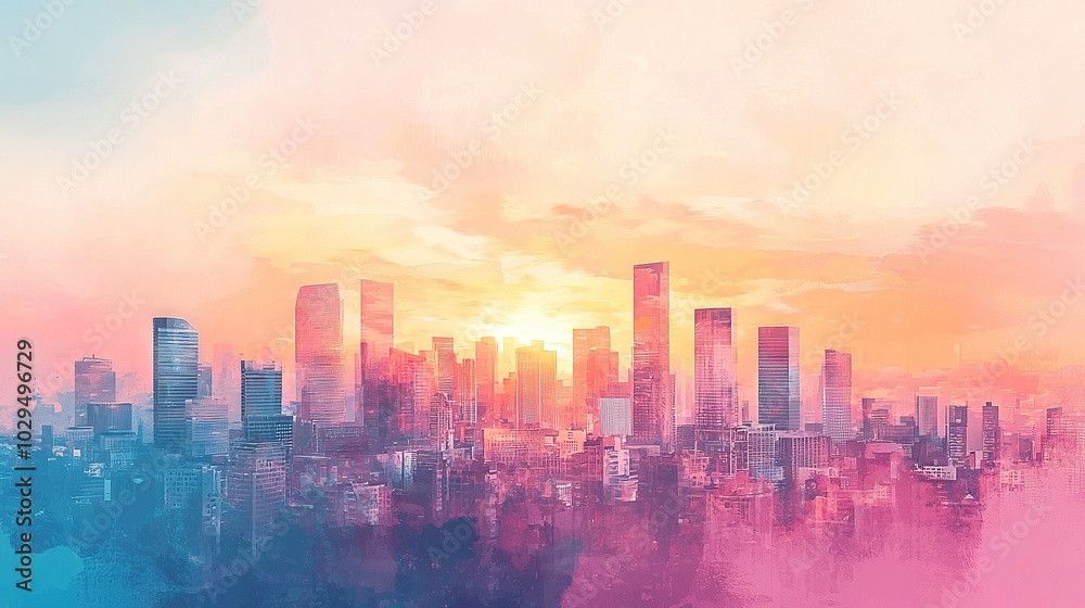 A cityscape painting with a sunset and pink-blue sky in the foreground A cityscape painting with a sunset and pink-blue sky in the foreground