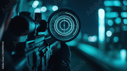 A detailed close-up of a shooter aiming through a modern scope with digital display against a blurred city background. photo