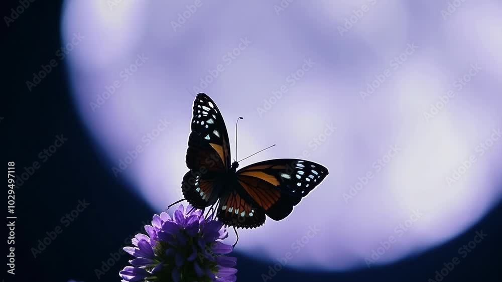 Beautiful backlit butterfly with white spots on a purple flower. Creating a peaceful and serene scene in nature. Perfect for conveying love. Hope. And freedom. Symbolizes transformation and beauty Beautiful backlit butterfly with white spots on a purple flower. Creating a peaceful and serene scene in nature. Perfect for conveying love. Hope. And freedom. Symbolizes transformation and beauty