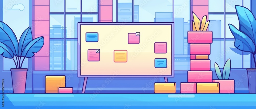 A modern office space featuring a presentation board surrounded by colorful sticky notes and plants. A modern office space featuring a presentation board surrounded by colorful sticky notes and plants.
