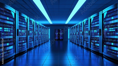 A modern data center with rows of illuminated server racks in a high-tech environment.