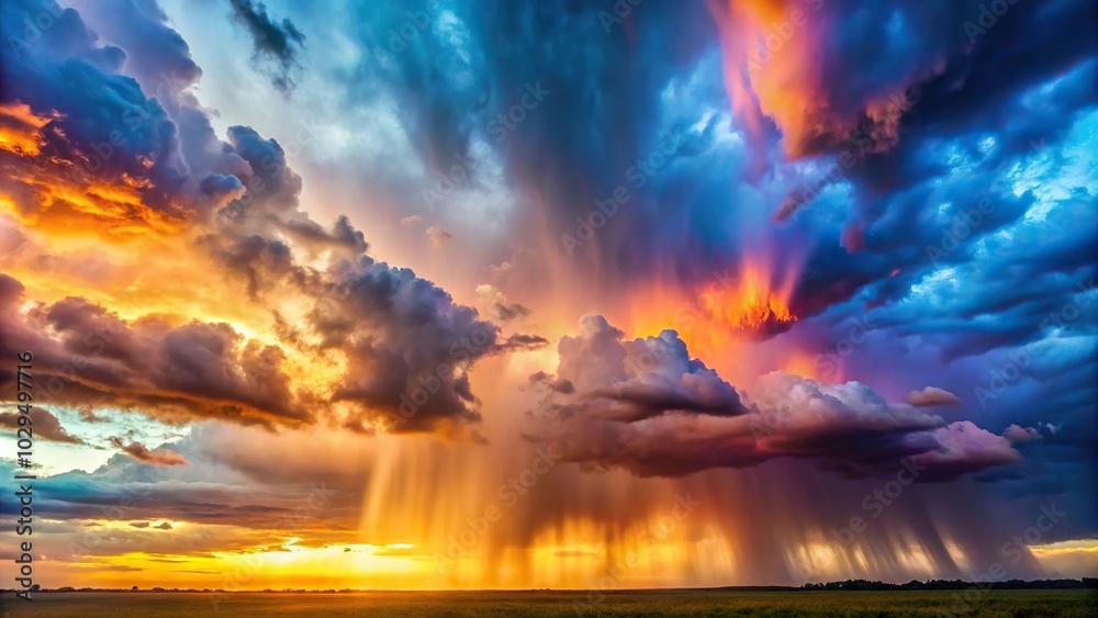 Naklejka premium Vivid sunset background with colorful rain and clouds