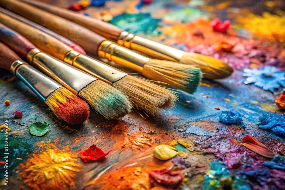 Obraz premium wallpaper background of paint brushes covered in oil paint on a palette with colorful paint splashes in a painting studio