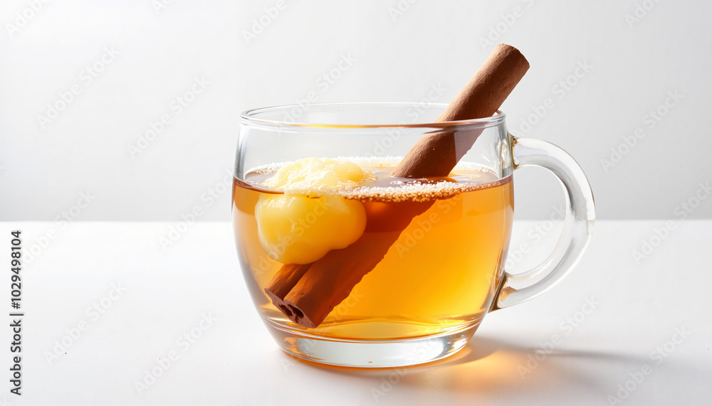 Glass of buttery rum with cinnamon stick on white background Glass of buttery rum with cinnamon stick on white background
