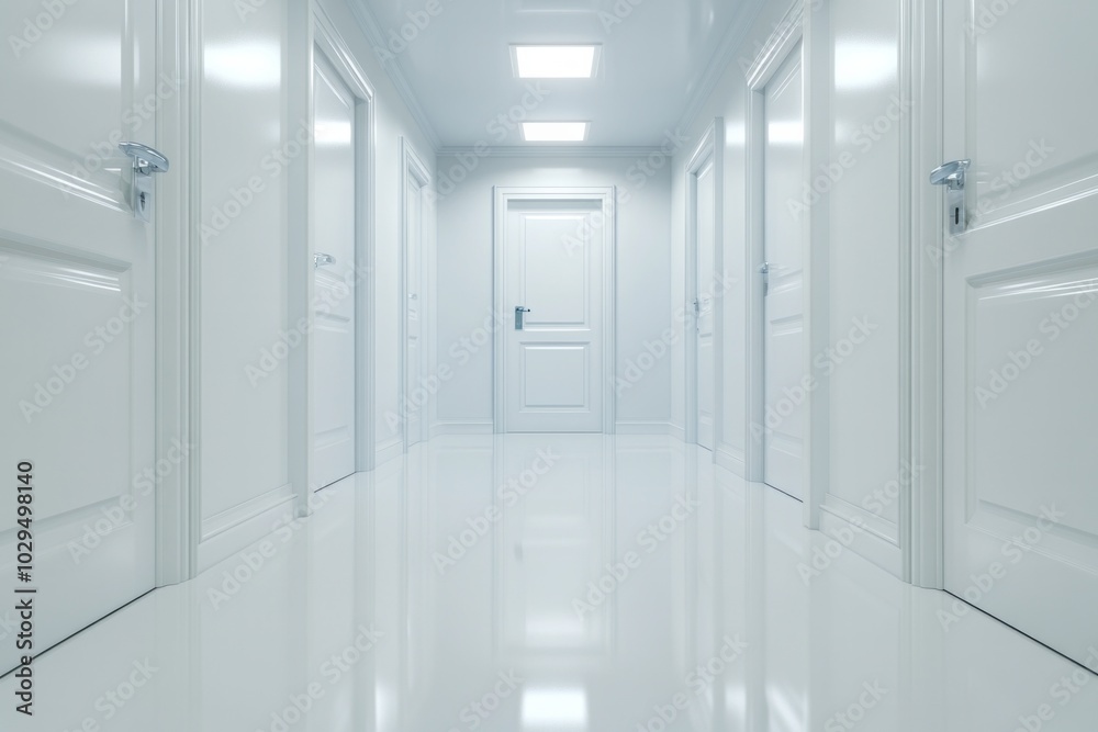 Spotless sanitation office hallway with bright white walls and flooring during daylight
