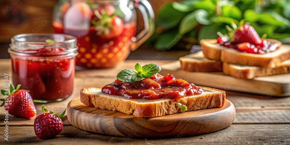 Warm morning light shining on long shot of toasted bread with strawberry jam in cozy kitchen Warm morning light shining on long shot of toasted bread with strawberry jam in cozy kitchen