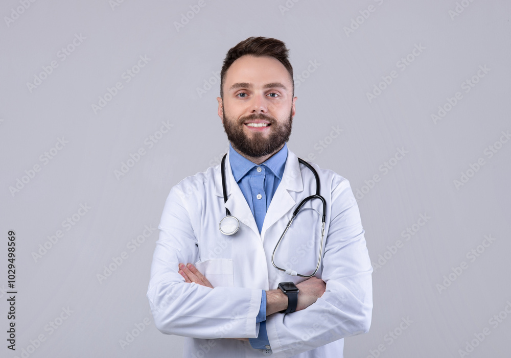 Portrait of positive male doctor posing with crossed arms and smiling at camera over grey studio background. Happy medical specialist in lab coat ready to fight viral diseases Portrait of positive male doctor posing with crossed arms and smiling at camera over grey studio background. Happy medical specialist in lab coat ready to fight viral diseases