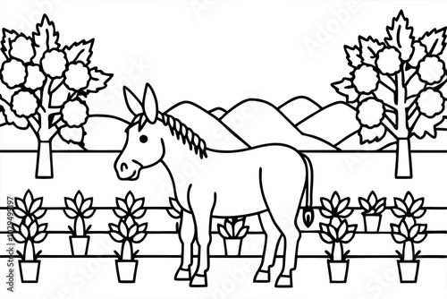 Donkey farm land where a lot of trees coloring book page stock illustration photo