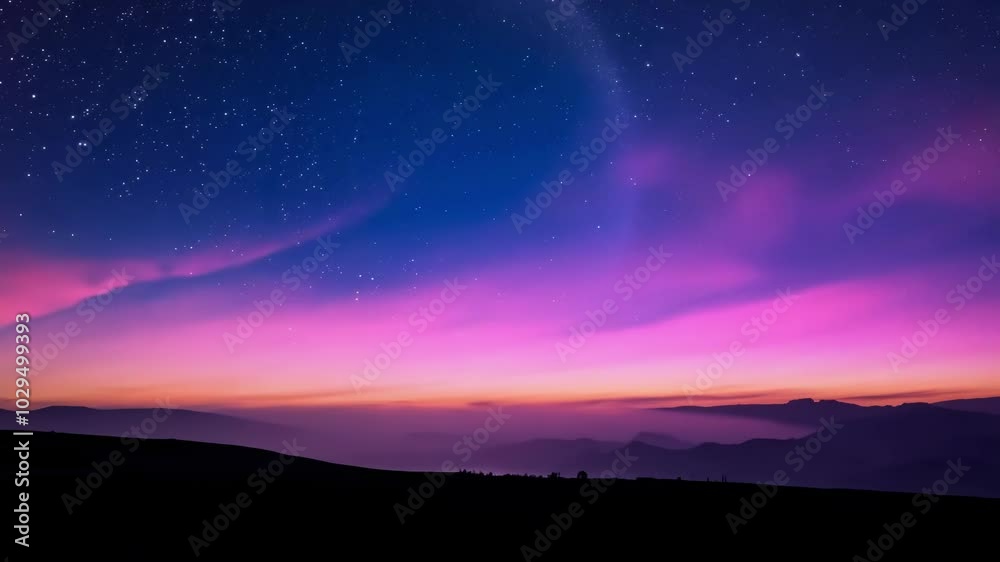 Mesmerizing gradient of purple and blue hues illuminates the night sky, casting a magical glow over the silhouetted mountains and twinkling stars Mesmerizing gradient of purple and blue hues illuminates the night sky, casting a magical glow over the silhouetted mountains and twinkling stars