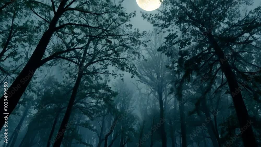 Sunlight struggles through thick fog in a mysterious forest, creating eerie shadows and a tranquil atmosphere