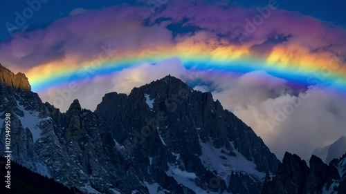 Rare atmospheric phenomenon called a circumhorizontal arc, also known as a fire rainbow, is forming over a mountain range. The colorful clouds are creating a beautiful scene in the sky photo