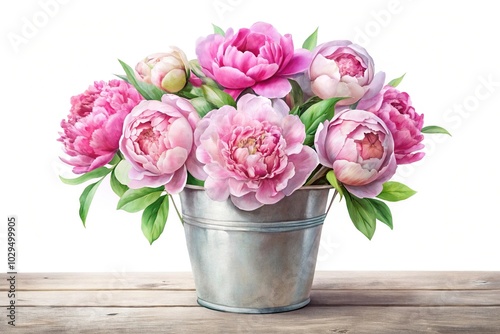 Watercolor bucket with blooming peonies flowers from high angle