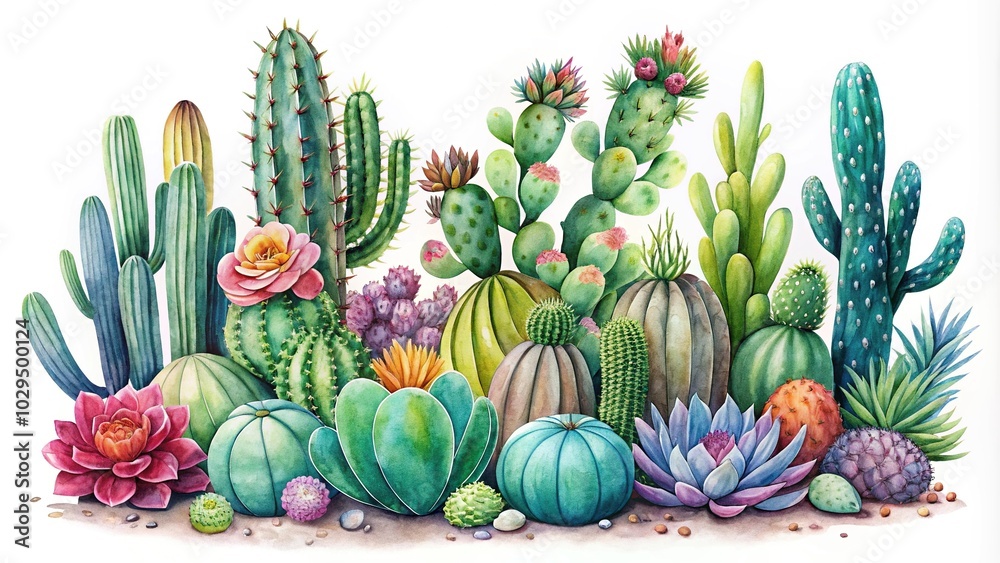 Watercolor clip art of cute cactus succulents on white background Watercolor clip art of cute cactus succulents on white background