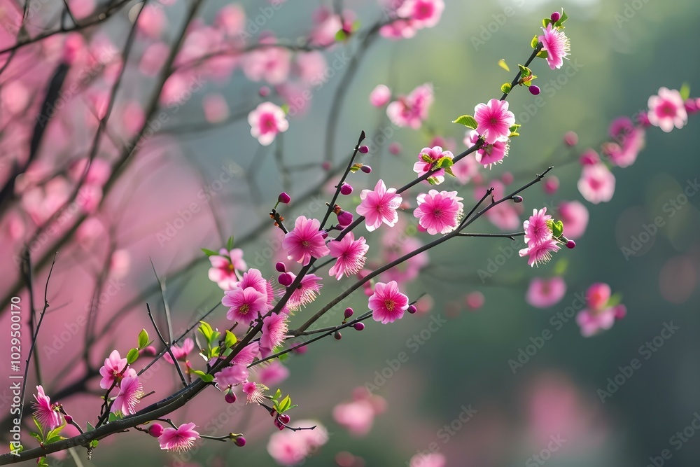 Delicate pink cherry blossoms on a tree branch Delicate pink cherry blossoms on a tree branch