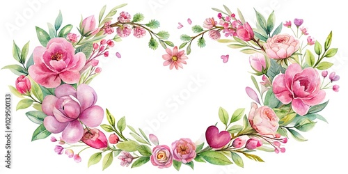 Watercolor circle wreath with pink flowers and heart on white background