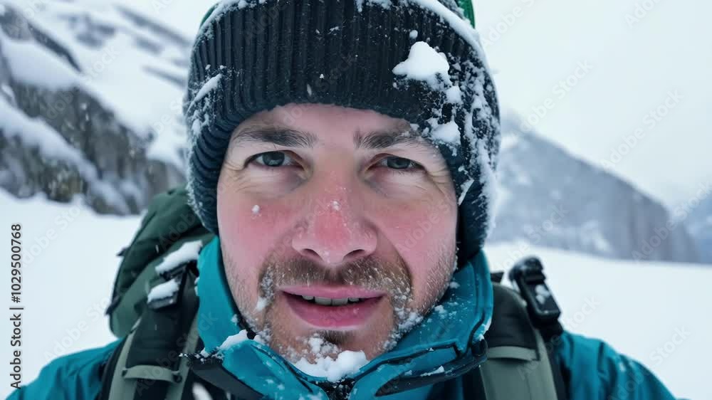 Smiling hiker takes selfie in snowy mountain storm, bundled up in hat and jacket Smiling hiker takes selfie in snowy mountain storm, bundled up in hat and jacket