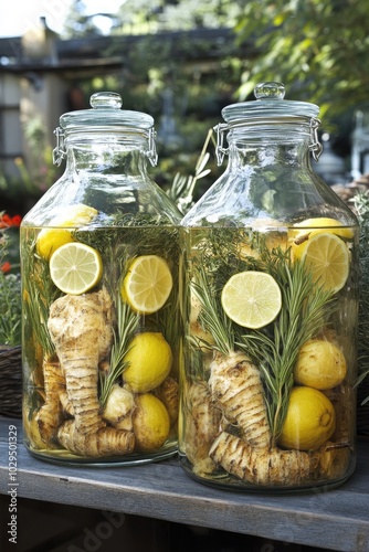 Jarra de vidrio con té helado, adornada con rodajas de limón y hojas de menta, presentada sobre una mesa de picnic. Ideal para evocar bebidas refrescantes en días calu

 photo