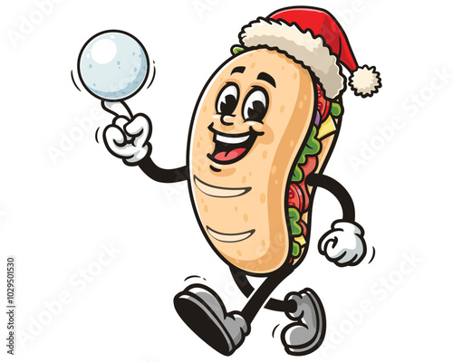 Sub Sandwich is playing Snowball and wearing Christmas Hat, Cartoon Mascot Illustration Character Vector Clip-art Hand-drawn Logo Design