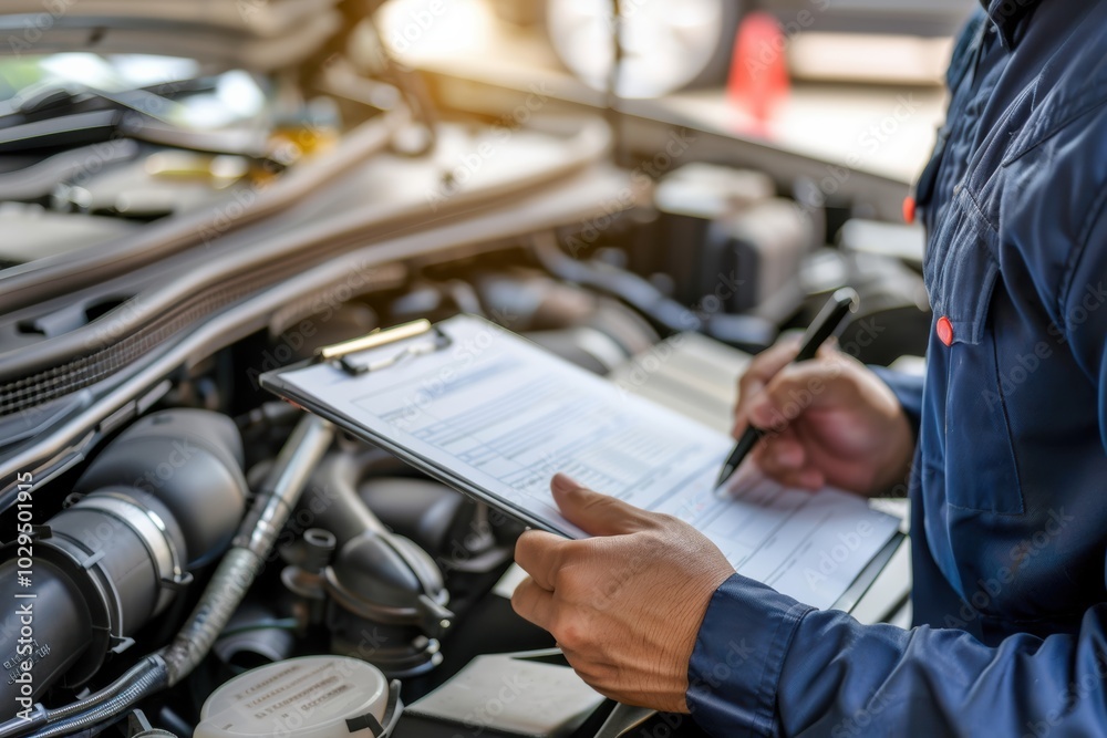 Fototapeta premium Mechanic documenting repair checklist during engine inspection