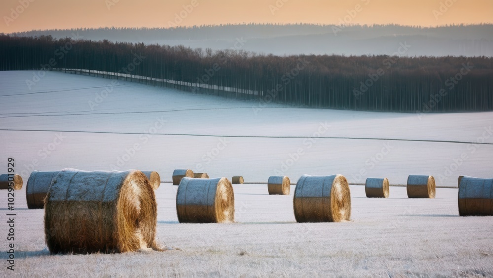 A rural winter landscape featuring numerous hay bales spread across a snow-covered field. The neutral colors of the winter landscape blend with the golden hue of the hay, providing a simple and serene A rural winter landscape featuring numerous hay bales spread across a snow-covered field. The neutral colors of the winter landscape blend with the golden hue of the hay, providing a simple and serene