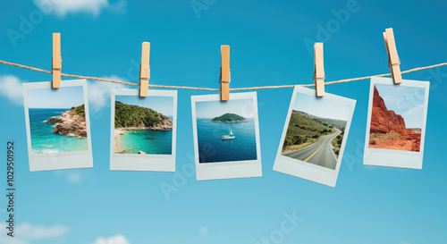 Five instant photo prints showing travel destinations hanging on clothesline against a bright blue sky.