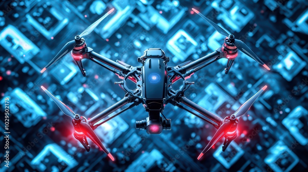 Fototapeta premium Futuristic drone hovering over a digital city background with blue lights.