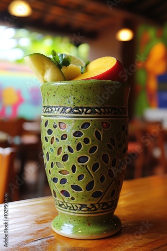 Vaso de jugo verde, elaborado con espinacas y manzanas, decorado con una rodaja de manzana en el borde. El fondo presenta frutas y verduras frescas, ideales para representar un estilo de vida saludabl