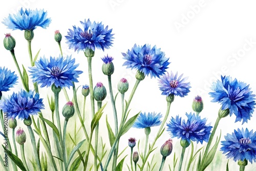 Watercolor painting of cornflowers on a white background with a tilted angle