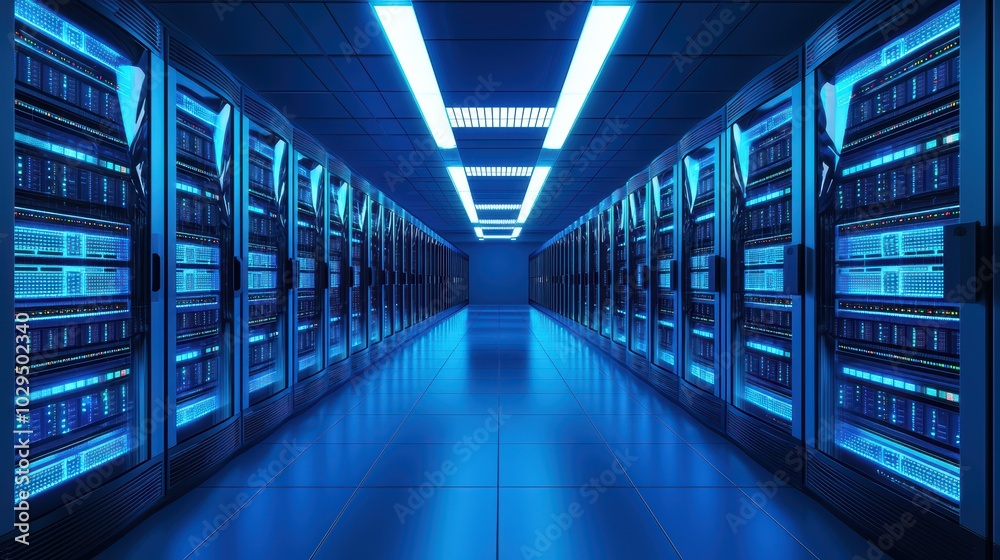Futuristic server room with blue lighting and racks of data storage equipment in a modern tech environment. Futuristic server room with blue lighting and racks of data storage equipment in a modern tech environment.